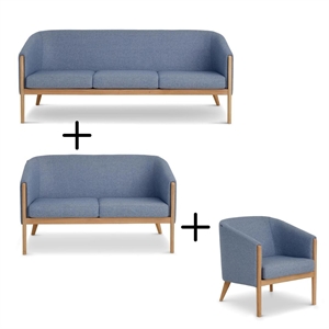 Skalma - Mexico stue-sæt 1 + 2 + 3 pers. / Blå uldstof / Stel eg - Bredde 70 cm - 133 cm - 193 cm.